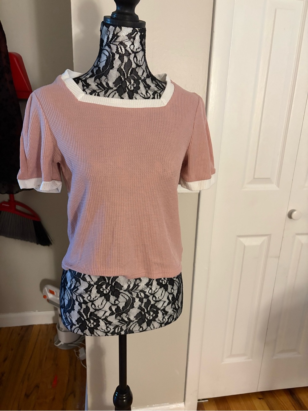 Women's Pink Short Sleeve Knit Top with White Trim